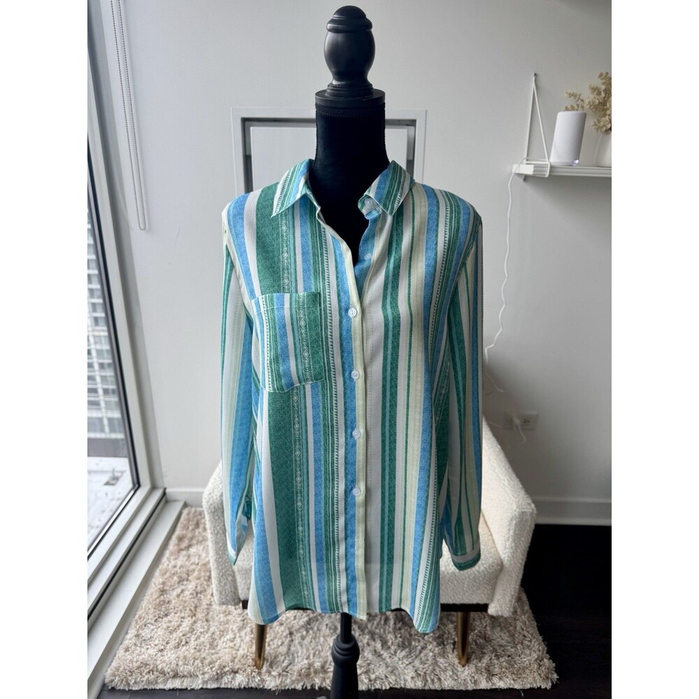 Boutique9 Women's Green Blue Stripe Button Front Shirt Long Sleeve Size L